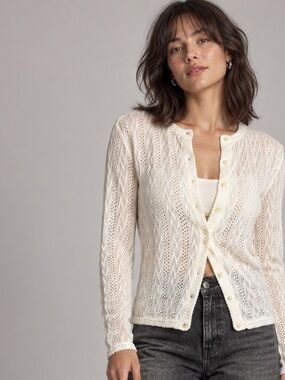 1960/70s Vintage Terry Turner Ivory Pointelle Cable Knit Cardigan  Japan Size 44